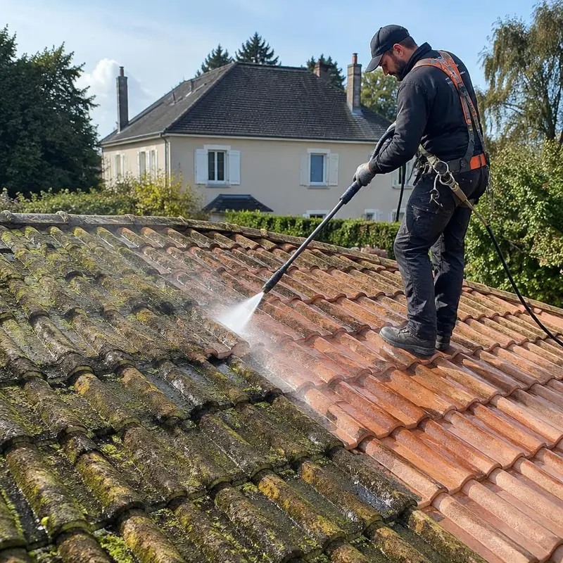 Nettoyage haute pression d'une toiture en tuiles moussues