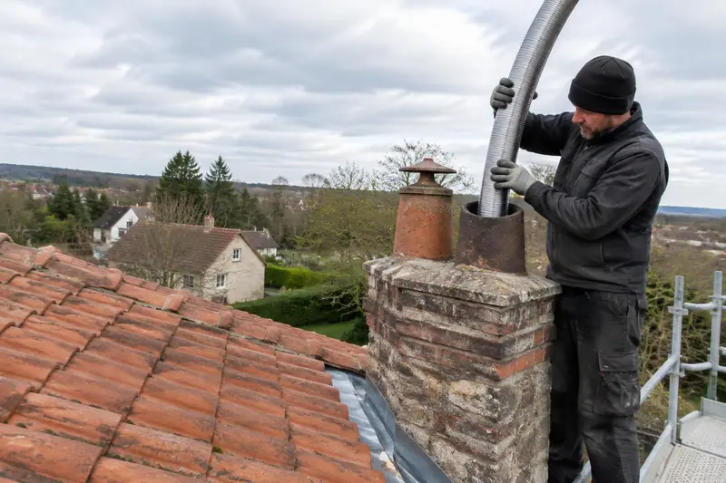 Artisan réalisant le tubage d'une cheminée maçonnée sur une toiture