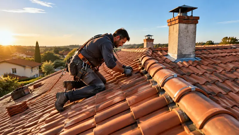 Artisan couvreur au travail sur une toiture en tuiles dans l'Essonne