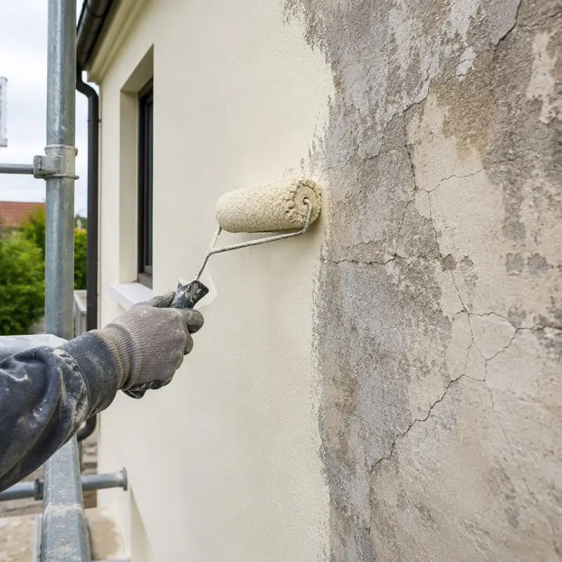 Ravalement de façade d'une maison avec échafaudage et peinture en cours