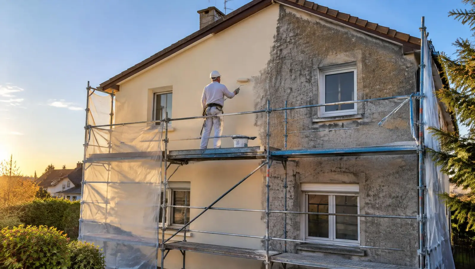 Ravalement de façade d'une maison avec échafaudage et peinture en cours